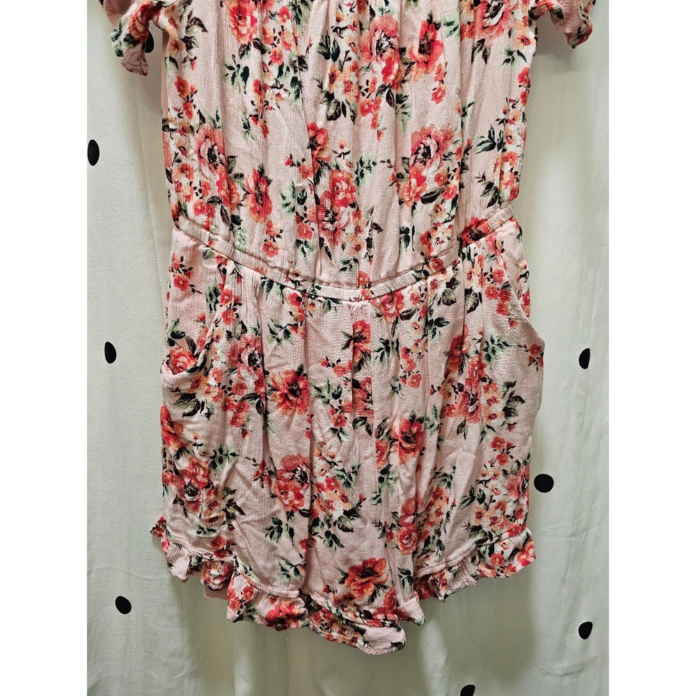 Y2K Bongo pink floral smocked ruffle romper XL gauze short sleeve off shoulder - Picture 3 of 11